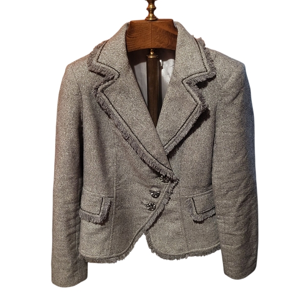 Vintage Cache Metallic Fringe Gray Wool Blend Blazer Size Large - Picture 1 of 7
